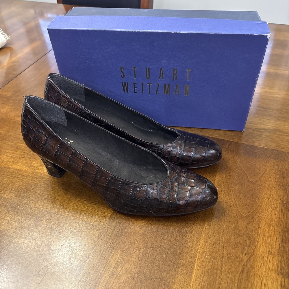 Vtg Stuart Weitzman brown croc‎ reptile leather print round toe block heels 8.5
